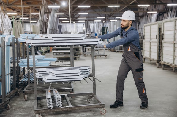man in hard helmet and work overalls in a steel distributor building pushing steel on cart